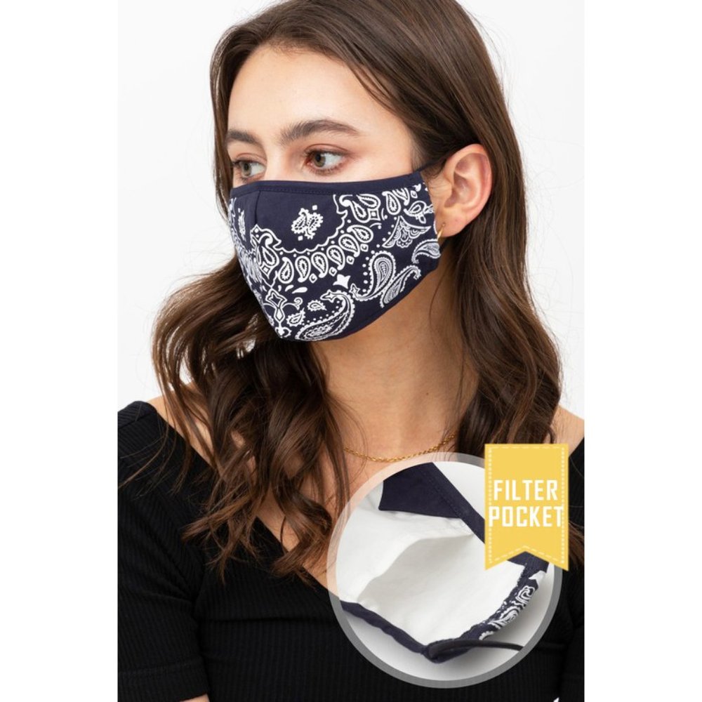 Navy Paisley Reusable 3 Layer Filter Pocket Mask - Picture 3 of 8